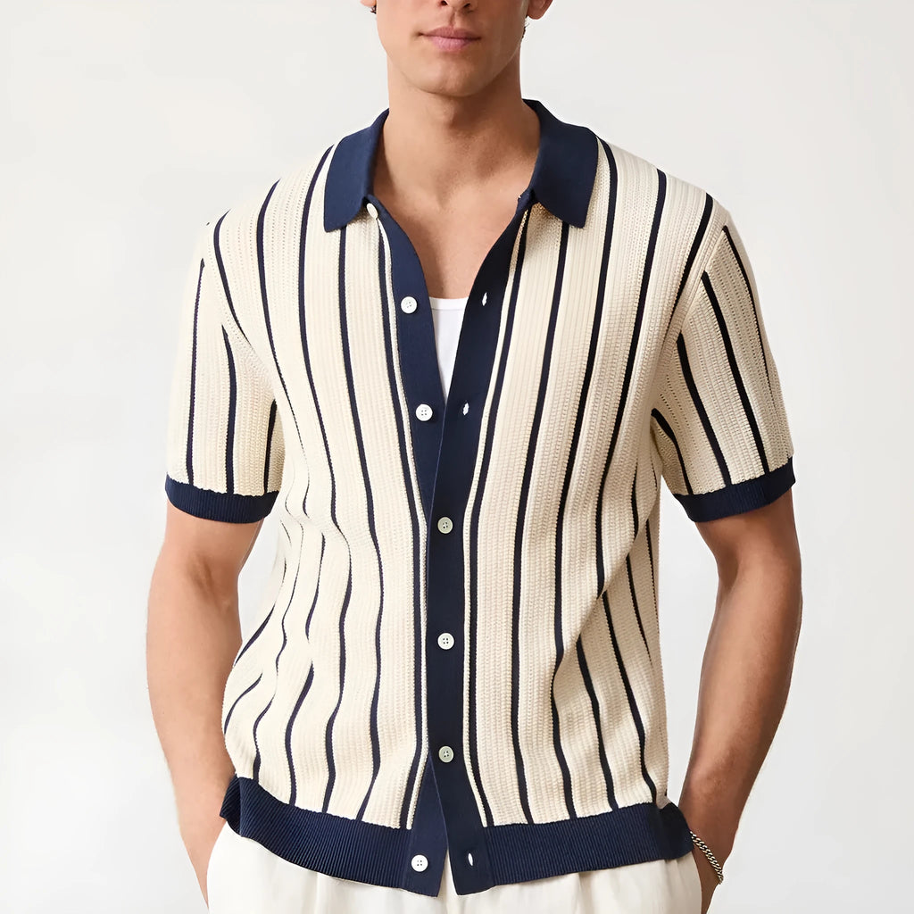 White men's knitted shirt with asymmetric stripes and a V-neck lapel, short sleeves, British style leisure wear.