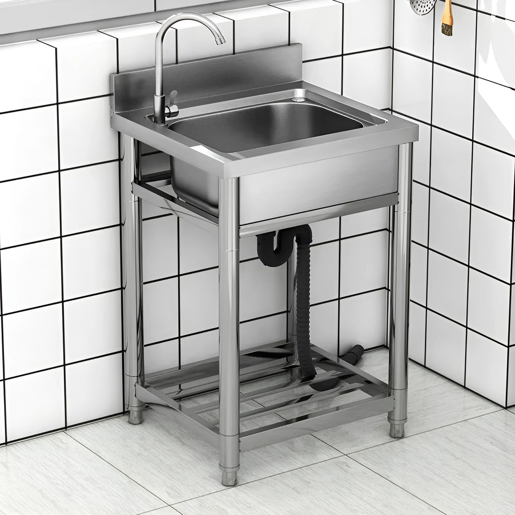 Thickened stainless steel vegetable washing basin with brushed finish and deep groove reinforcement, single sink design