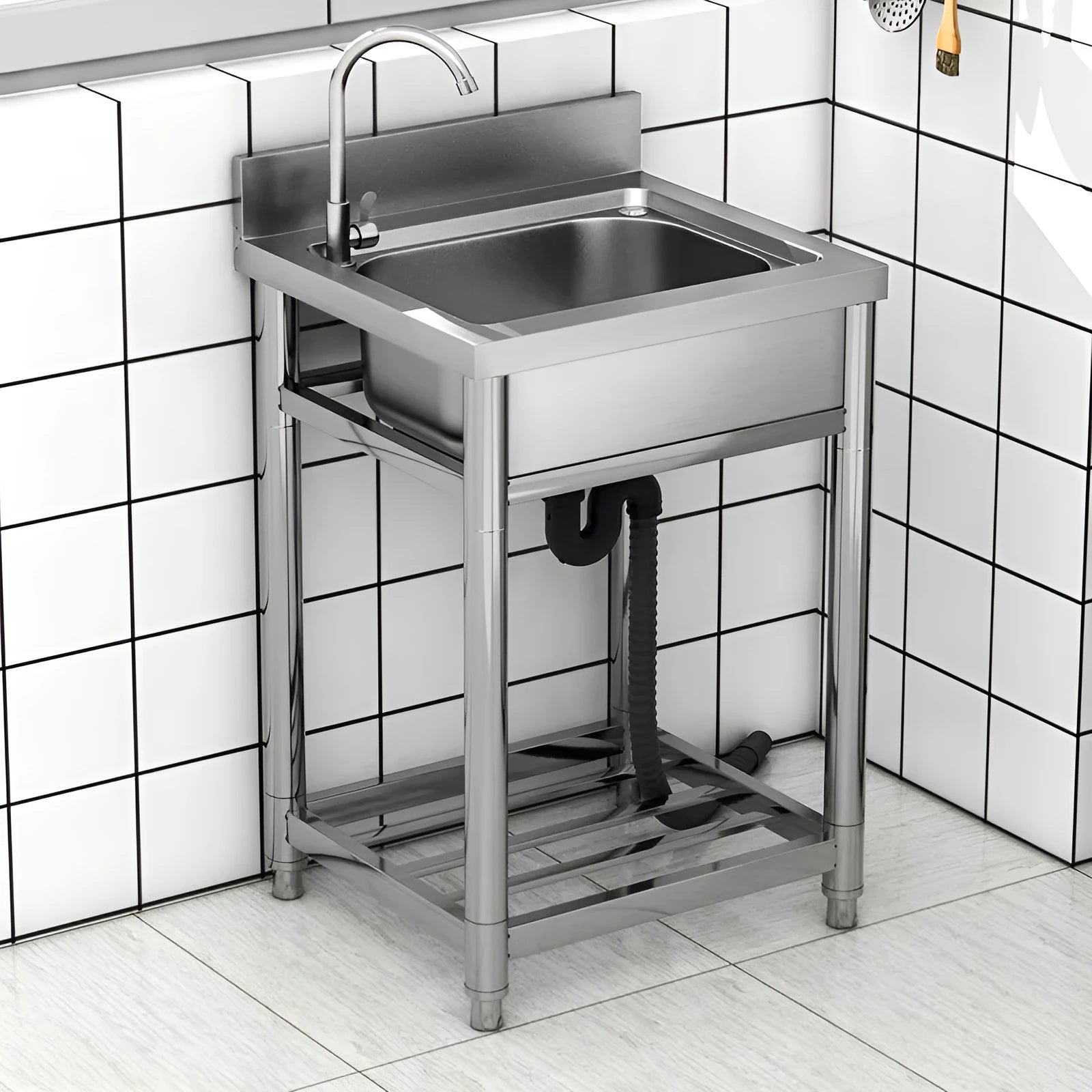 Thickened stainless steel vegetable washing basin with brushed finish and deep groove reinforcement, single sink design