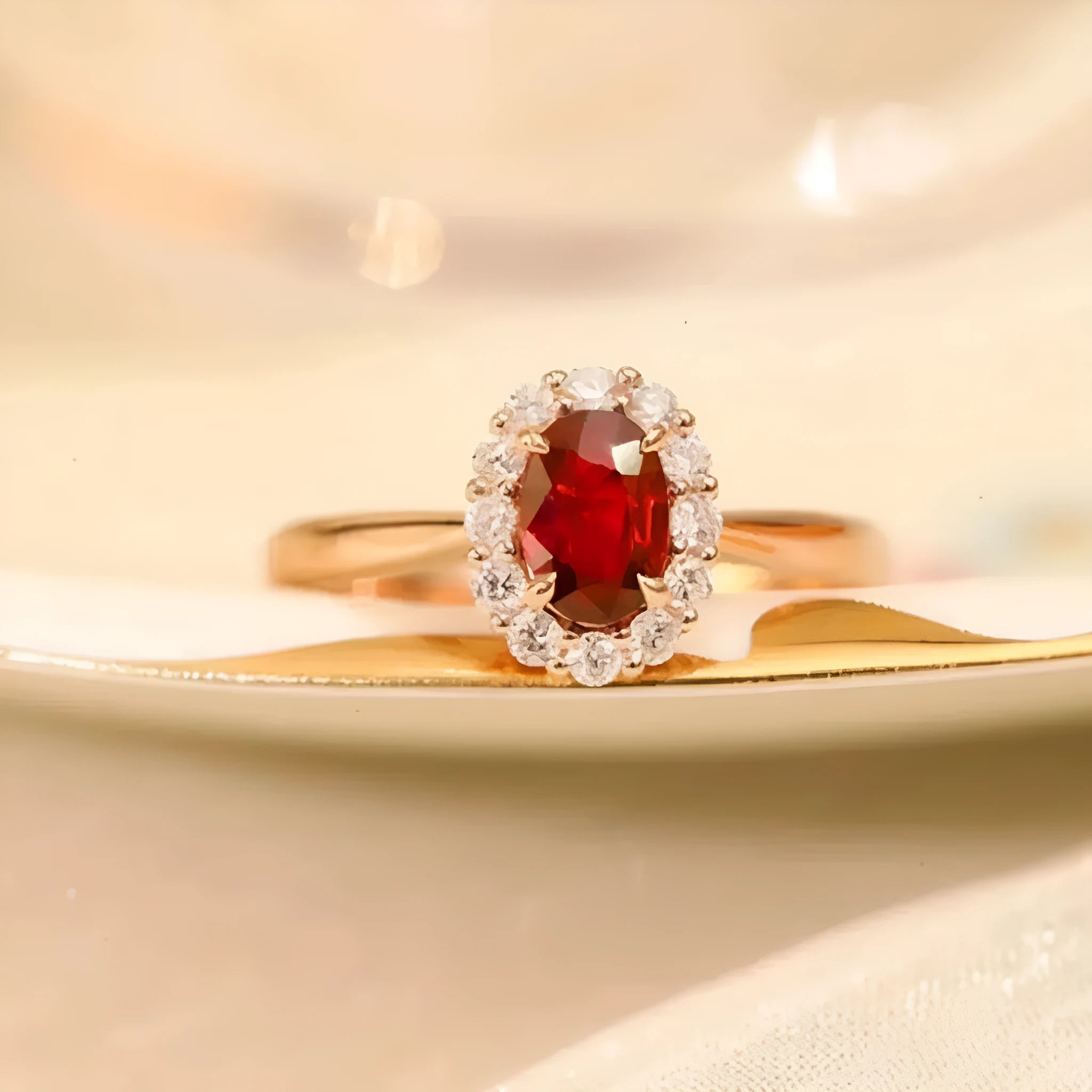 Gold pigeon blood ruby sterling silver ring with floral design and artificial gemstone centre