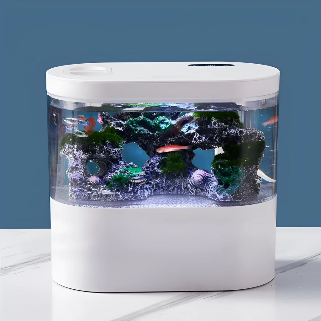 Desktop self-circulation mini aquarium with LED light and USB pump in black plastic