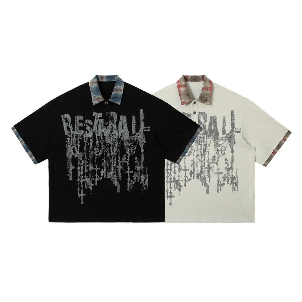Men's blue graffiti print cotton short-sleeved top with asymmetric design and loose fit
