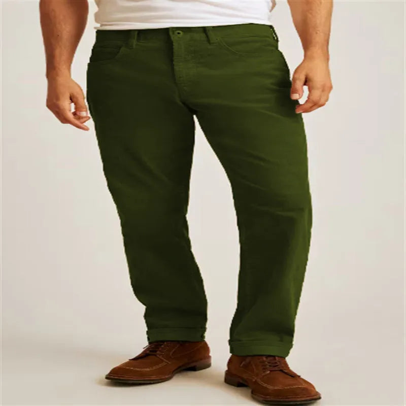 Solid colour corduroy trousers in loose straight-leg style with mid-waist and zip closure