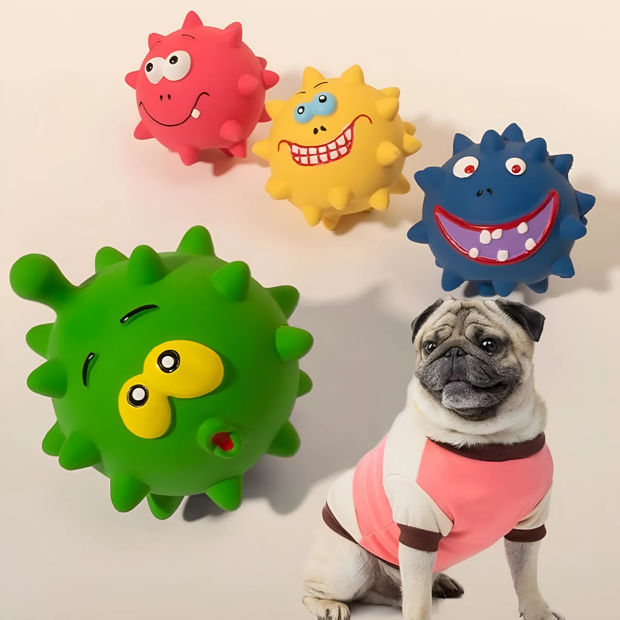 Four colourful squeaky dog balls with cute faces made from natural latex rubber