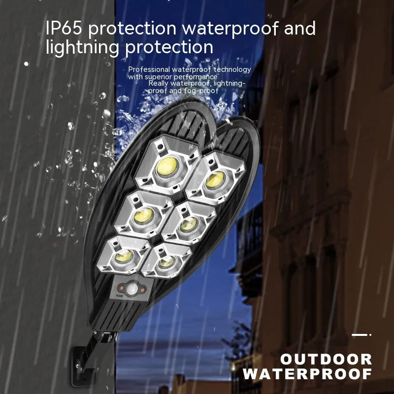 White 6-eye sword design outdoor solar garden lamp with remote control on a box.