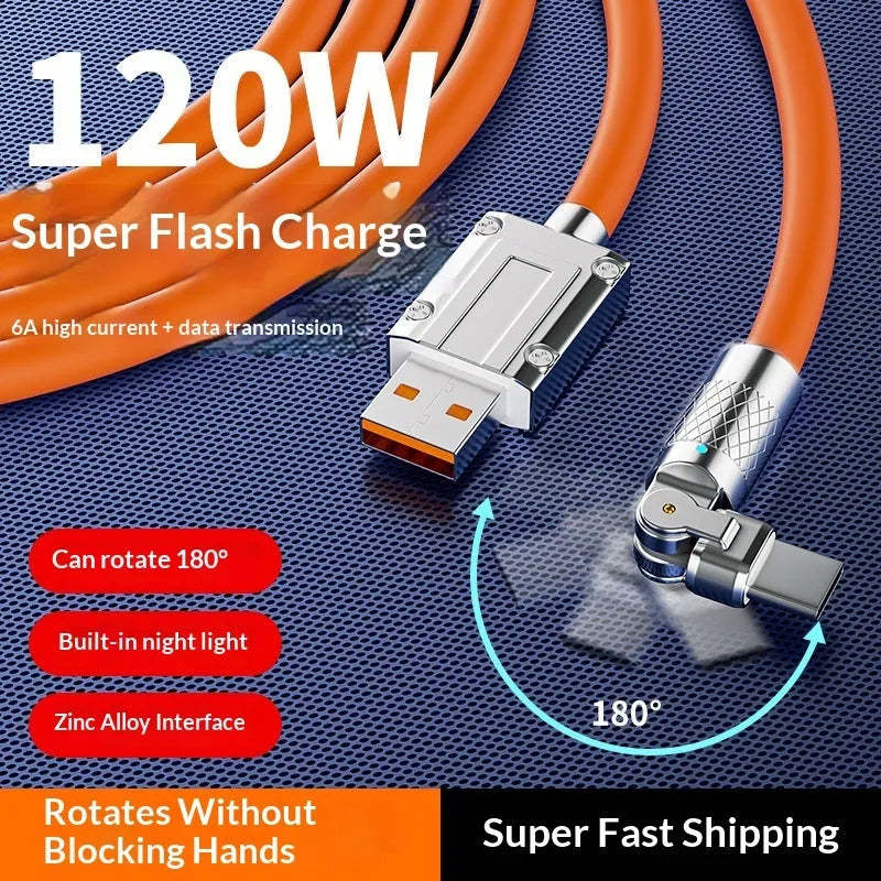 Mecha Elbow 180 Rotating Data Cable with zinc alloy connector in orange, 2m length