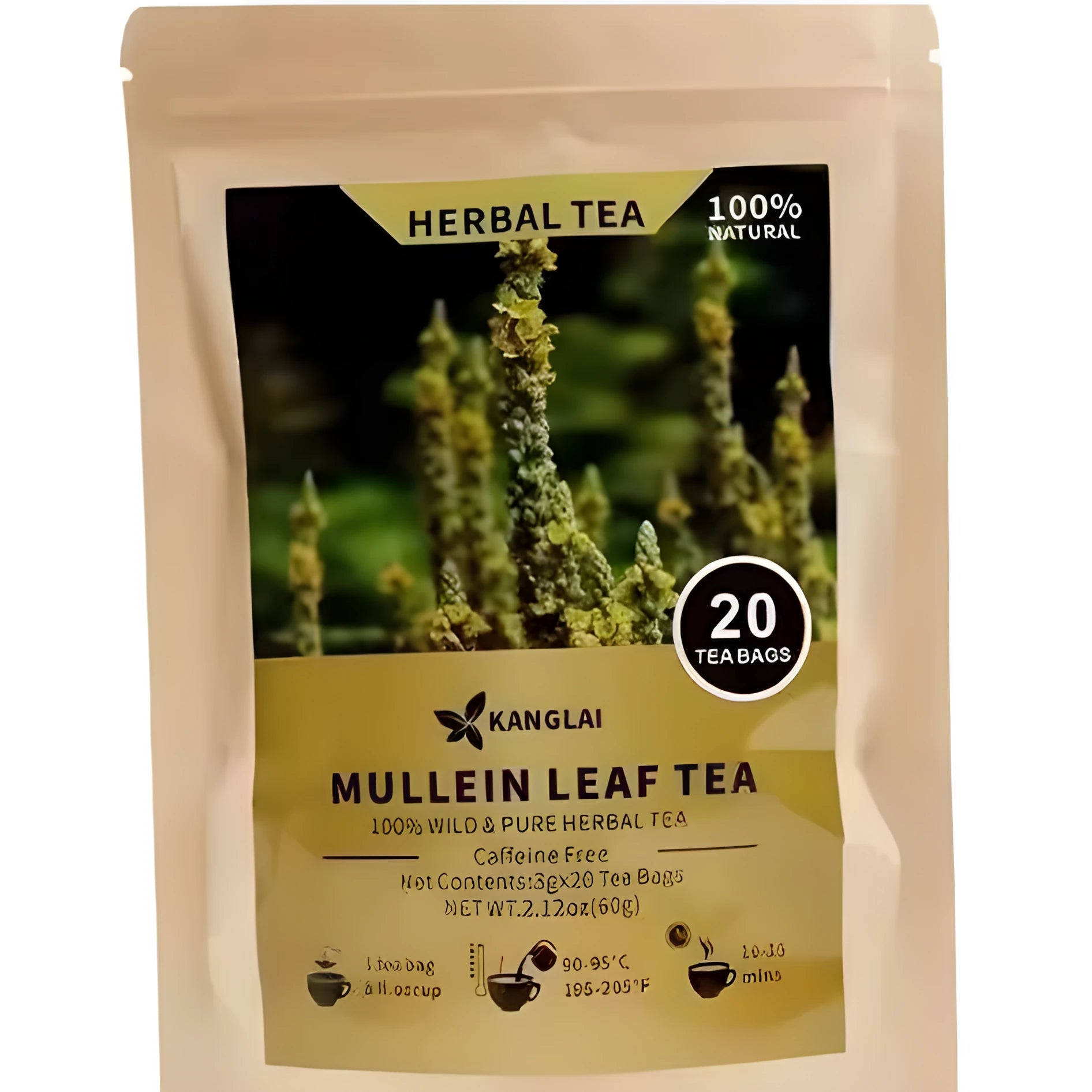 Verbascum Thapsus Tea 20 packs 60g herbal tea bags on a table with a steaming cup