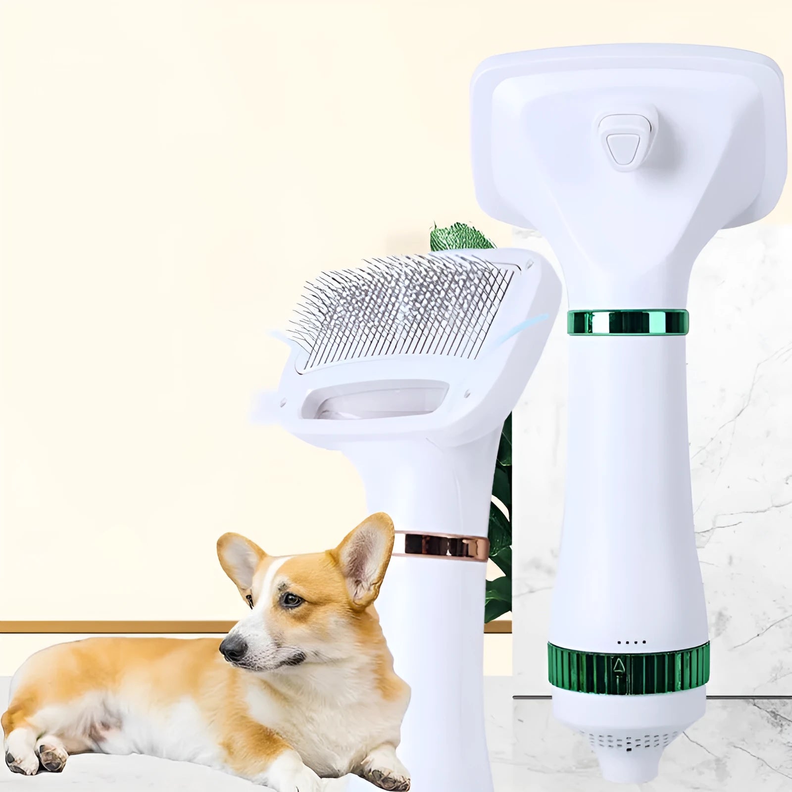 Pet hair dryer comb tool in platinum or white and green colour for grooming dogs and cats