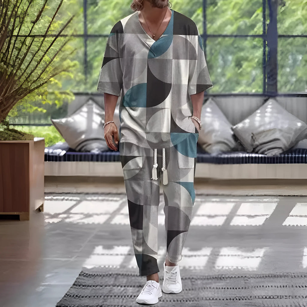 Men's lightweight polyester trousers suit with a V-neck cropped sleeve jacket