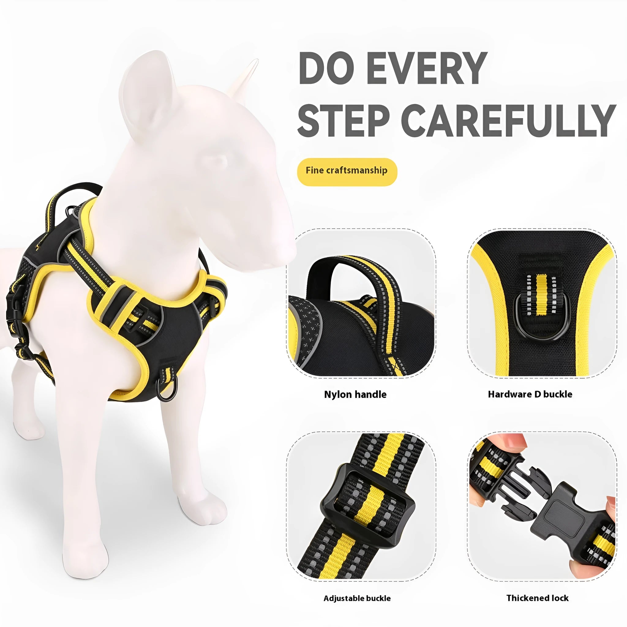 Yellow and orange polyester dog harness and traction strap set for outdoor training, shown in S, M, L sizes.
