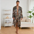 Men's tiger pattern print bathrobe and matching shorts set laid flat.