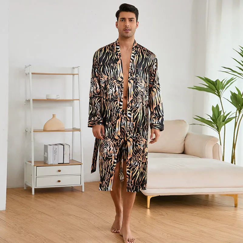 Men's tiger pattern print bathrobe and matching shorts set laid flat.