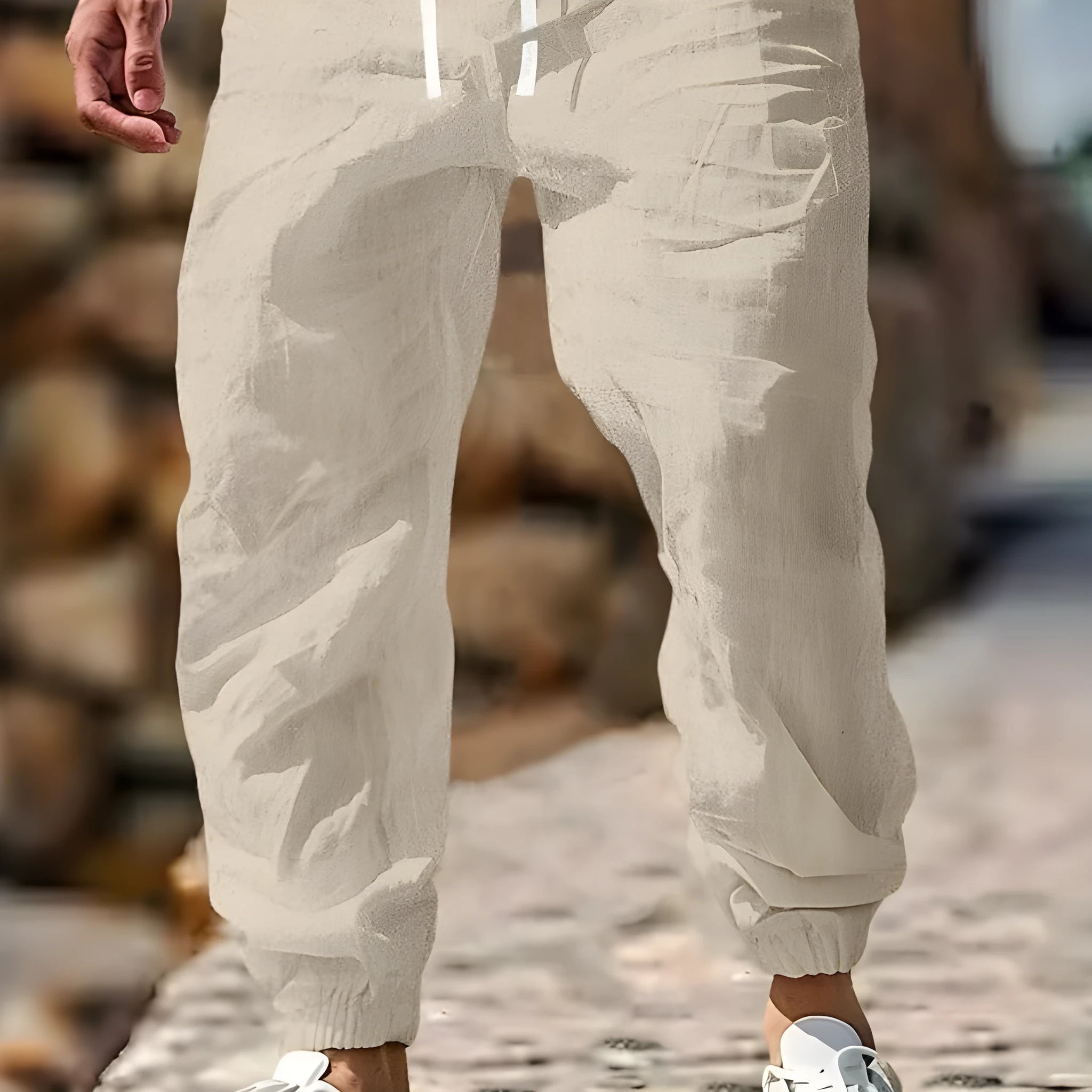 Men's straight leg cotton linen trousers with elastic waist in Army Green colour.