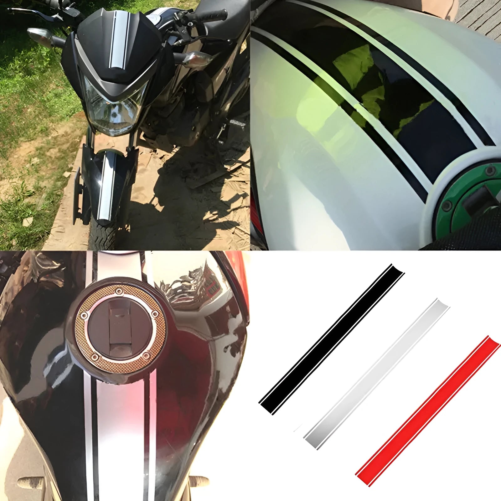 Motorcycle reflective pinstripe sticker in black, red, silver or yellow for petrol tank customisation