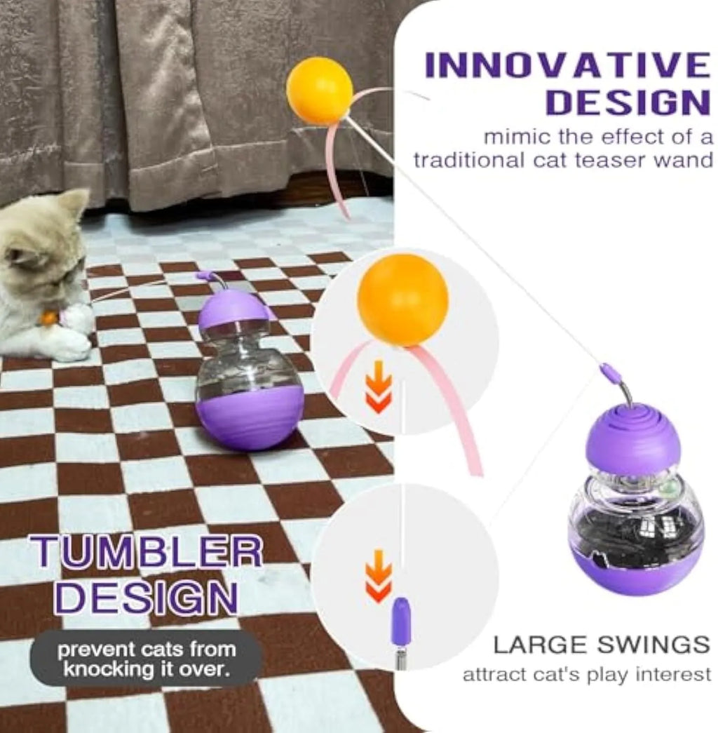 Yellow cat toy wand with bouncing teaser stick, plastic ball, ribbon, and slow feeder compartment