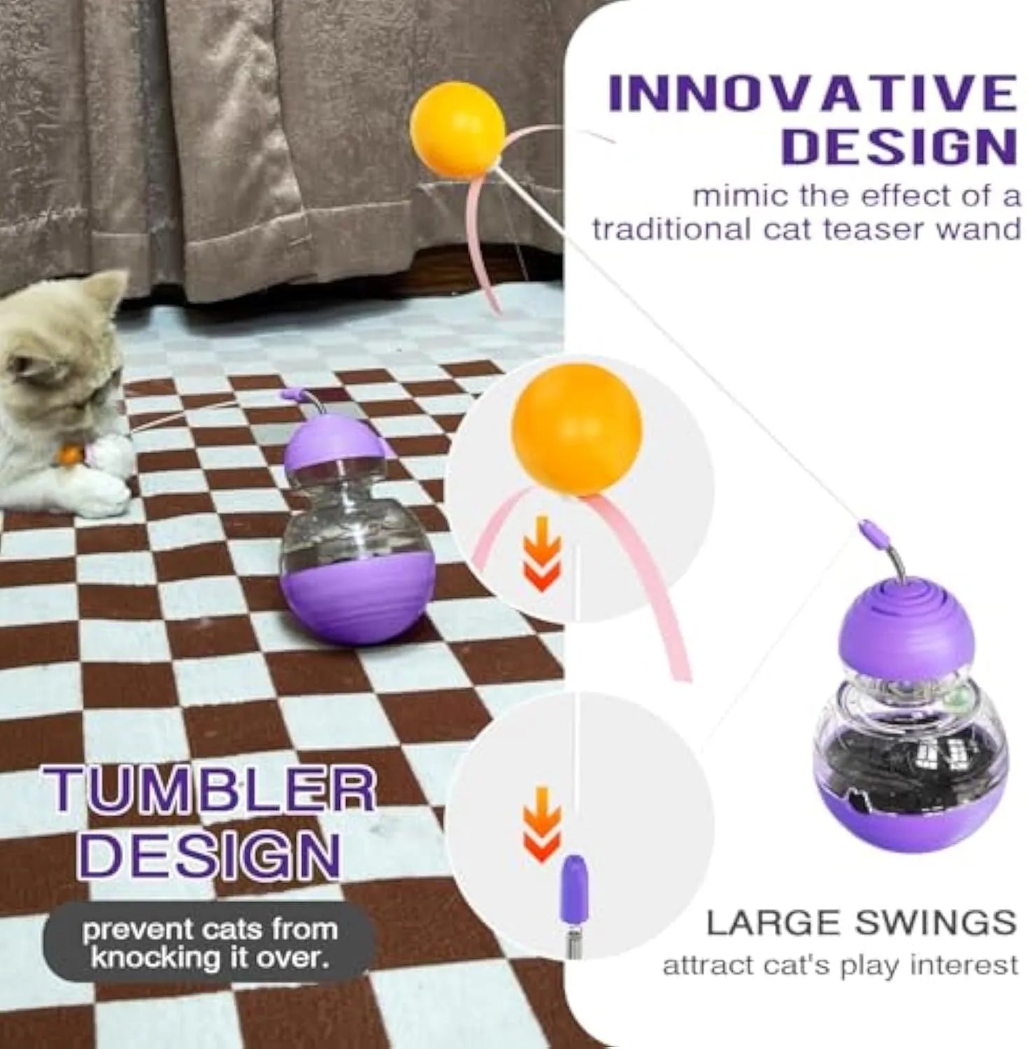 Yellow cat toy wand with bouncing teaser stick, plastic ball, ribbon, and slow feeder compartment