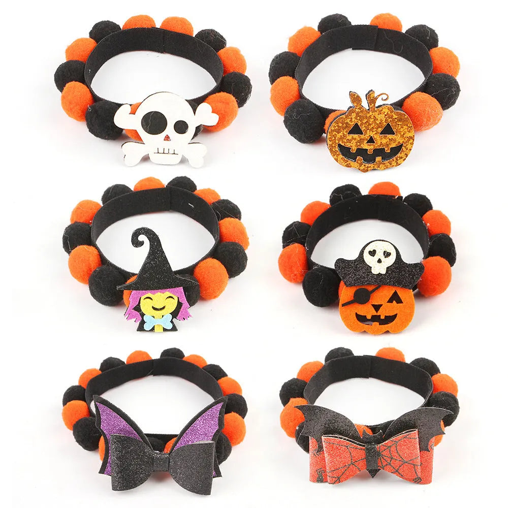 Halloween pet collar with fur ball decoration in pumpkin, pirate, bow, skull and witch designs
