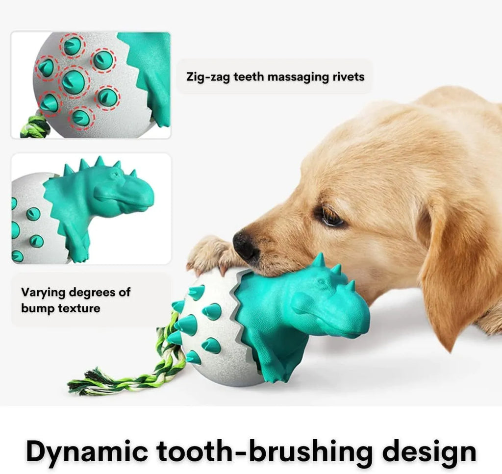 Blue durable dog chew toy shaped like a dinosaur with textured surface and rope, for aggressive chewers.