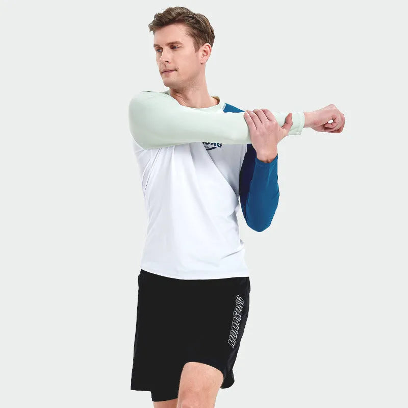 Men's white long-sleeved swim top with matching double-layer swimming trunks for water sports