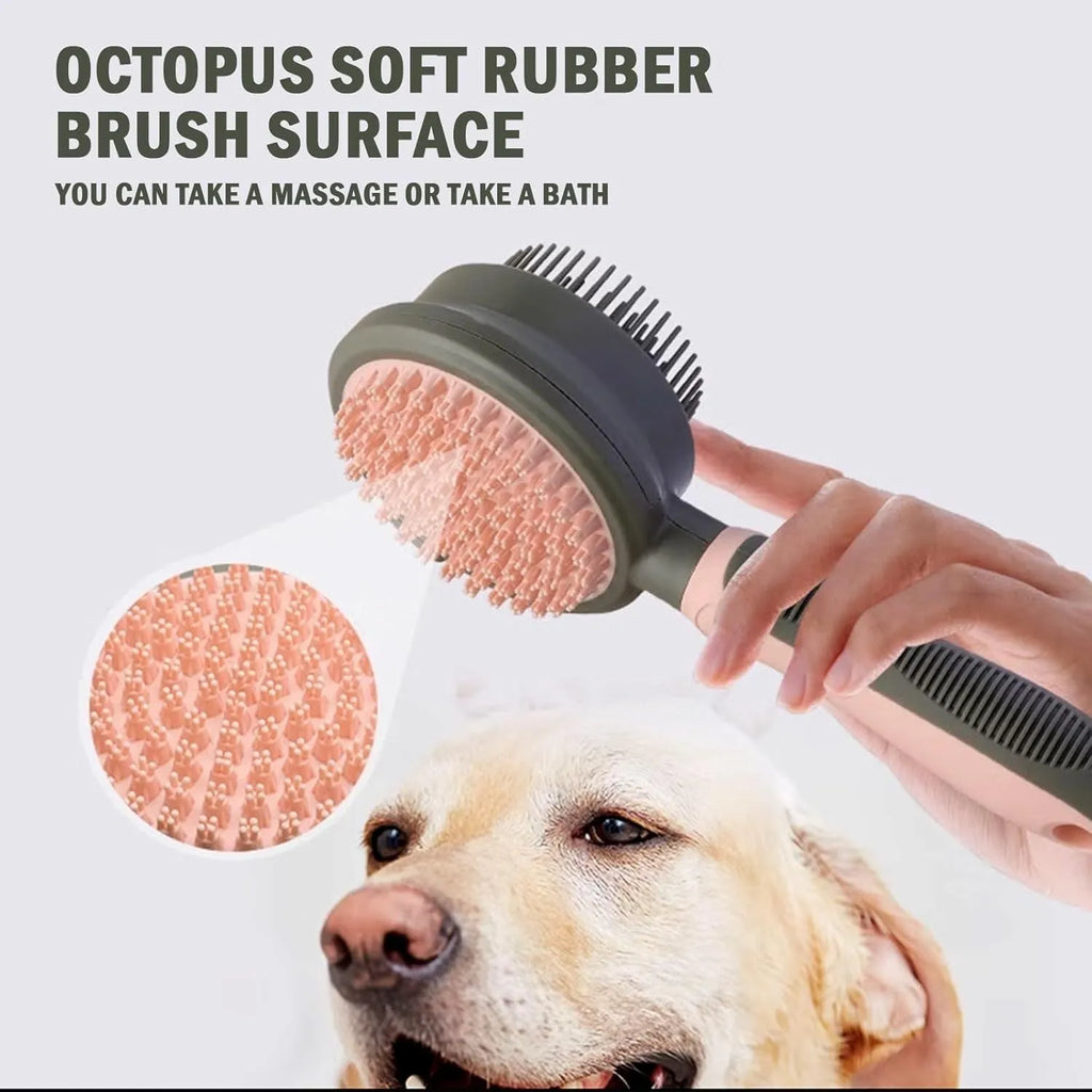 Double-sided pink cat grooming brush with release button and flea comb component