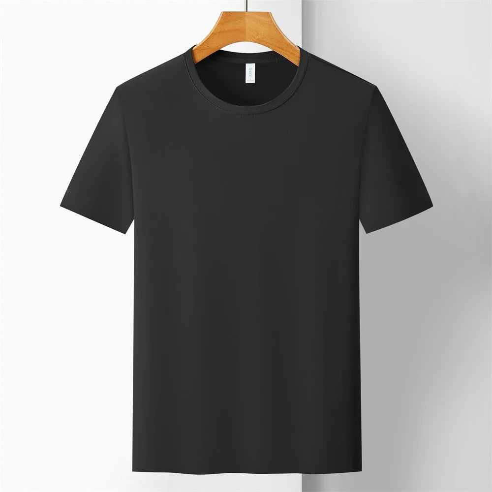 Man wearing a solid colour ice silk slim fit short sleeve t-shirt for summer.