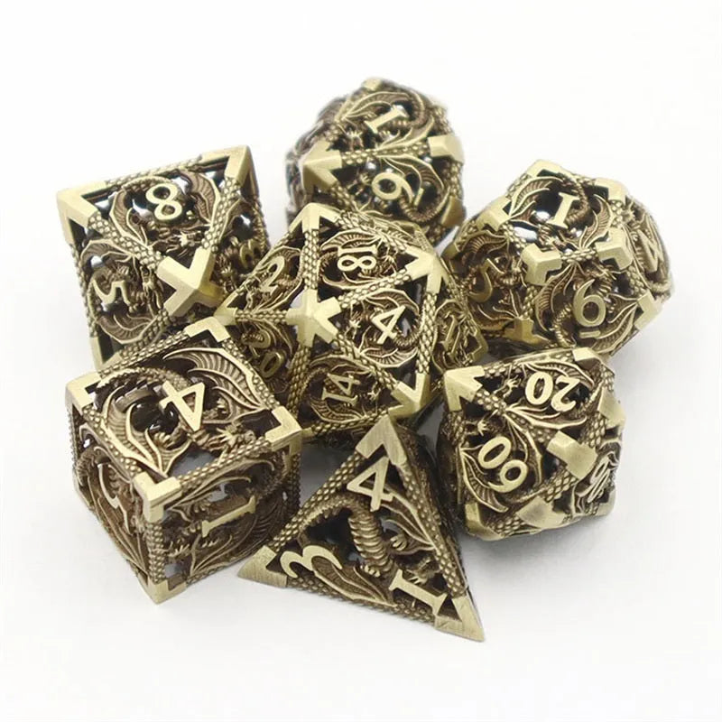 7-piece hollow copper electroplating dice set in multi-colour right-angle style, DND dice on gaming mat