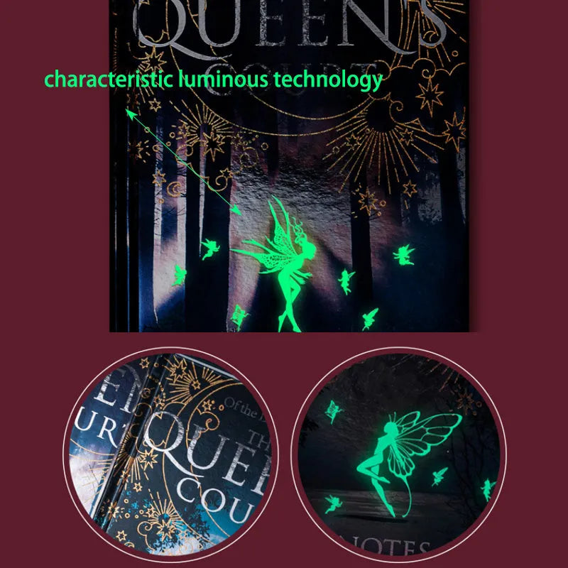 Blue and purple A5 hardcover notebooks with luminous fluorescent covers, open to show full-colour illustrated pages.