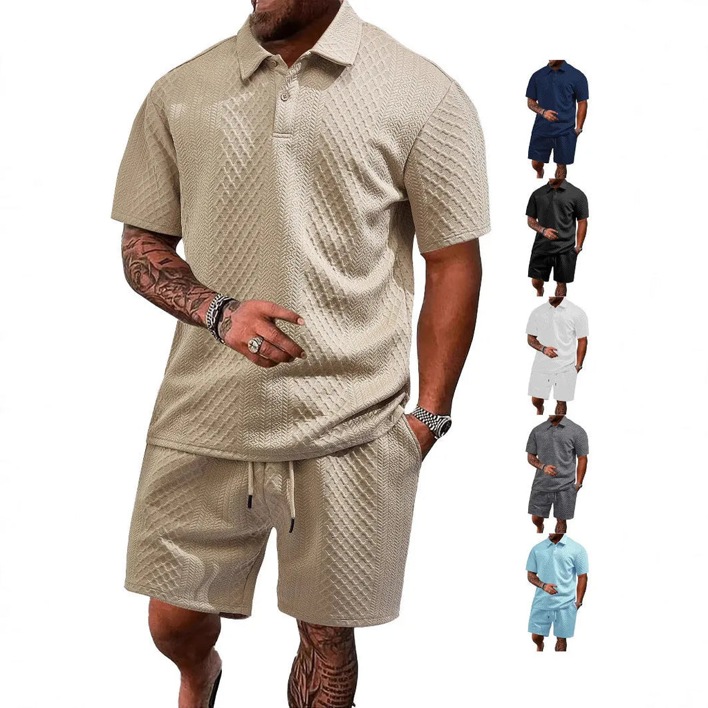 Men's casual suit set with short sleeve polo shirt and matching trousers in figured cloth polyester