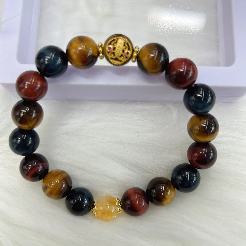 Natural tiger eye bracelet with loose round beads on 18cm long chain, Maillard style adjustable closure