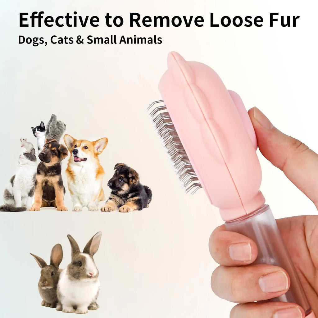 Grey spray cat brush with release button and stainless steel bristles for pet grooming.