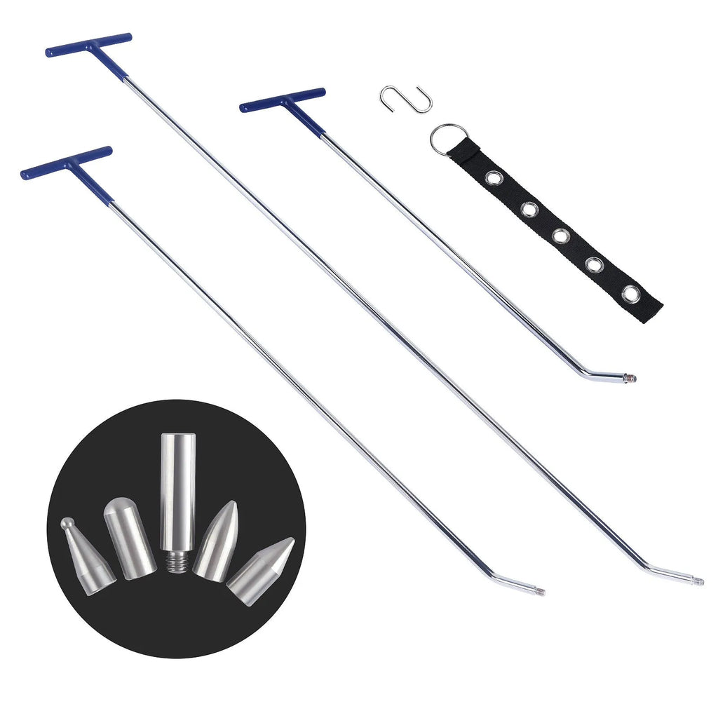 Alloy steel three-piece car dent repair tool set with hook crowbar on a workbench.