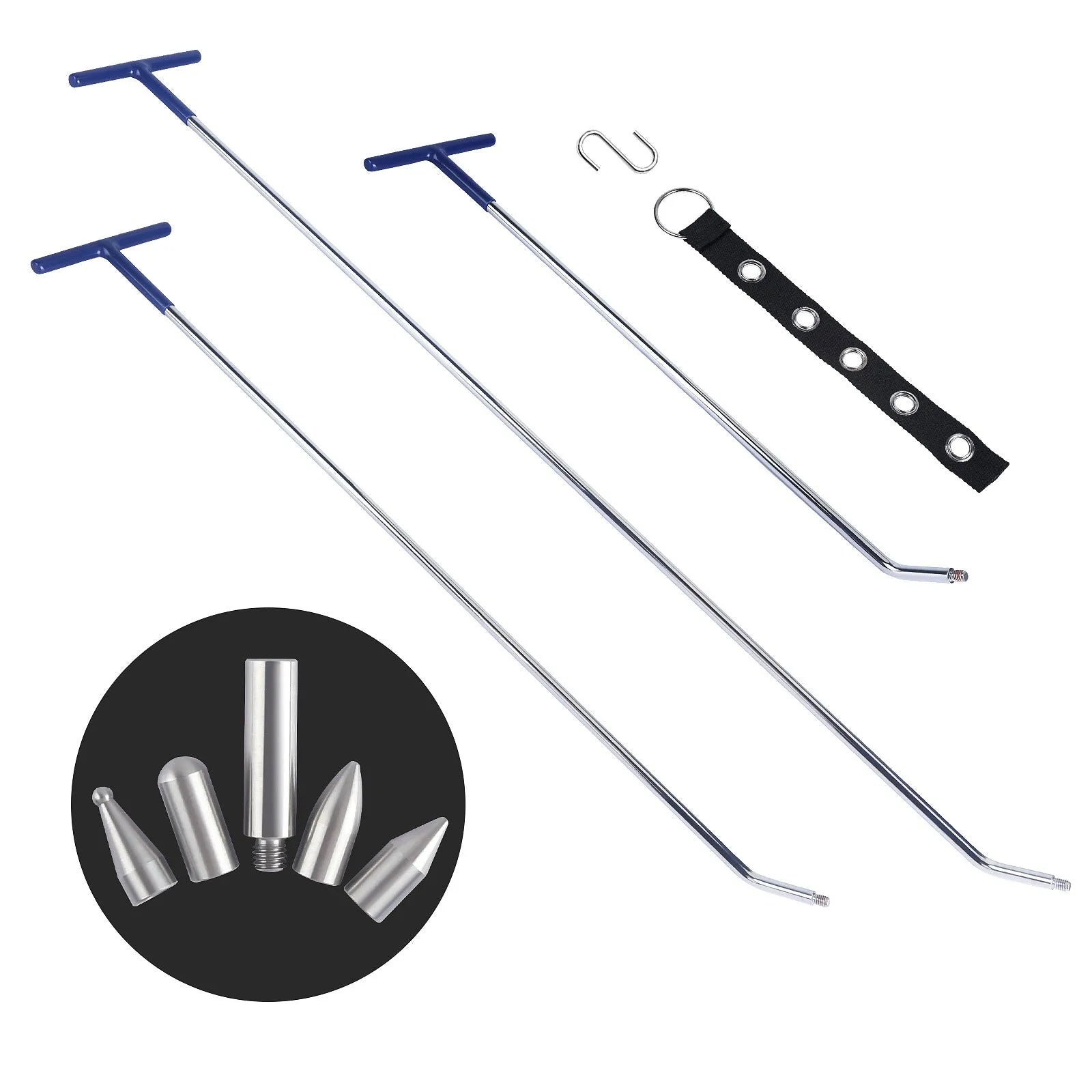 Alloy steel three-piece car dent repair tool set with hook crowbar on a workbench.