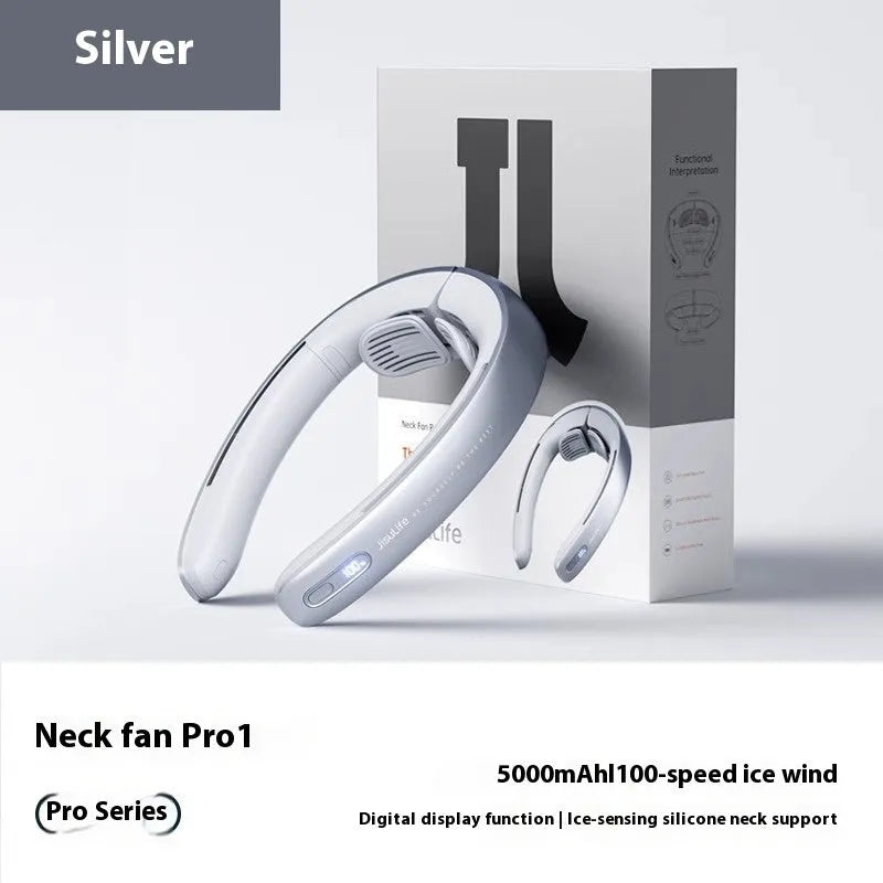 Silver grey portable neck fan with bladeless design showing dimensions and USB charging port