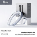 Silver grey portable neck fan with bladeless design showing dimensions and USB charging port