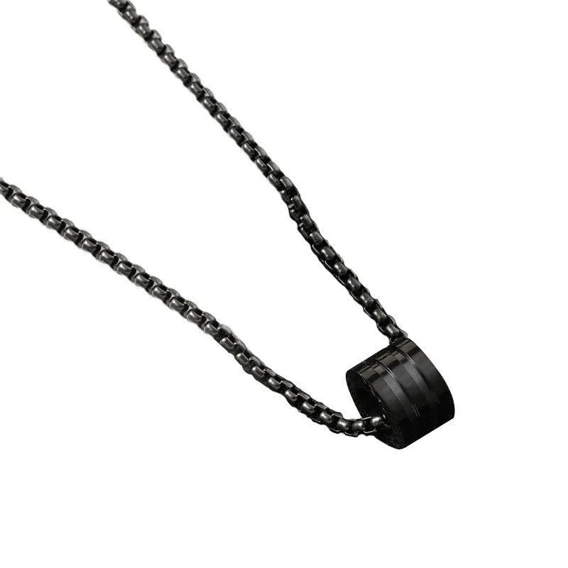 Men's black titanium steel ring buckle necklace set with three matching geometric stainless steel chains.