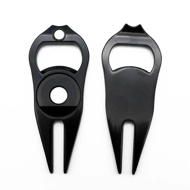 Zinc alloy golf ball yoke and bottle opener tool in black, green, and silver colour options
