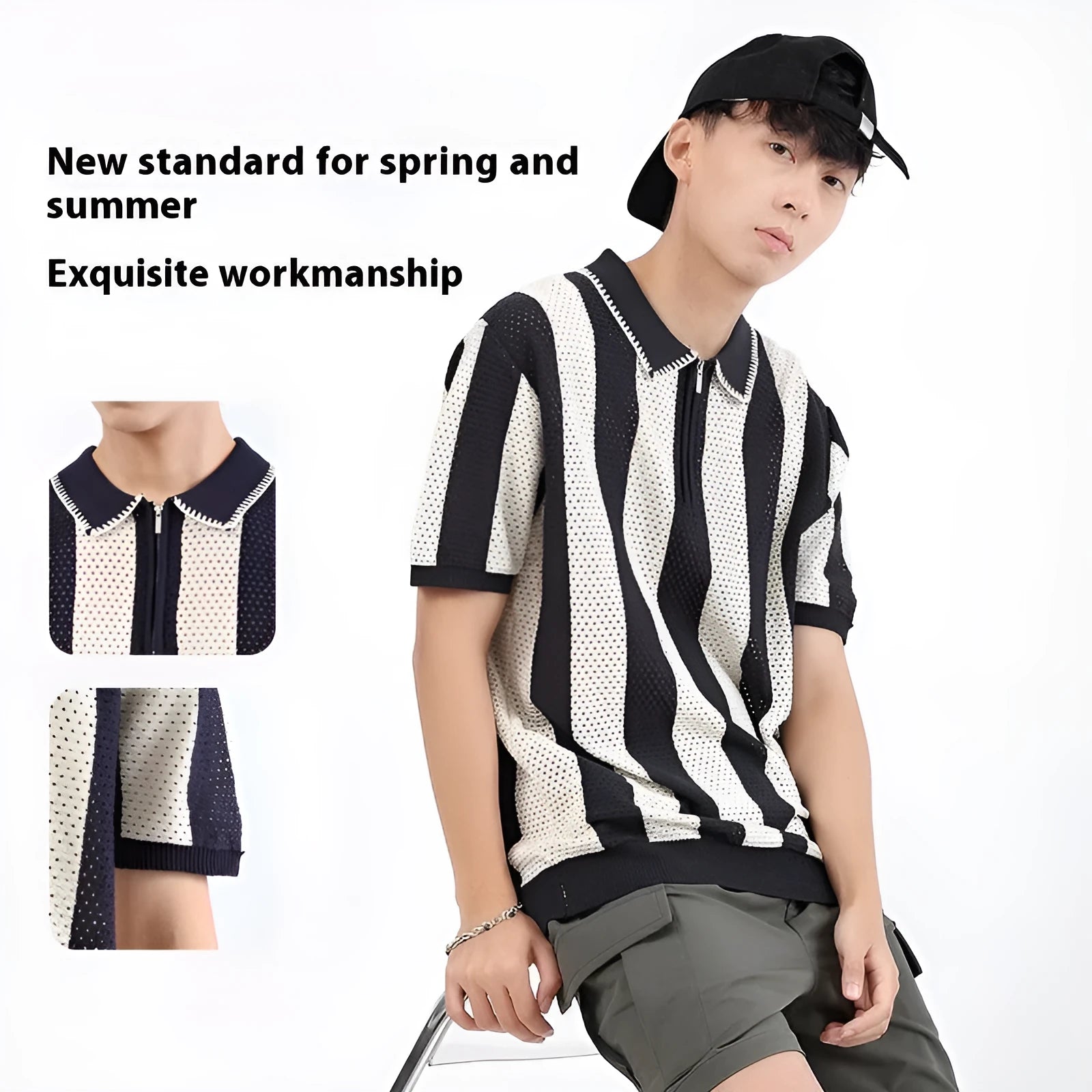 Man wearing a striped short sleeve viscose sweater with zipper details in sapphire blue.