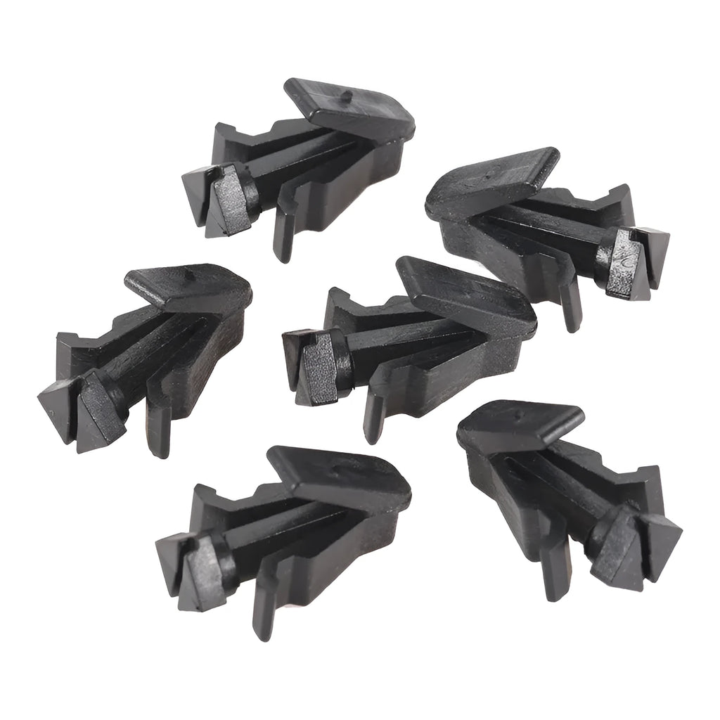 Black plastic automotive fastening clip for Nissan bumper or grille, part number 76882-0M060.