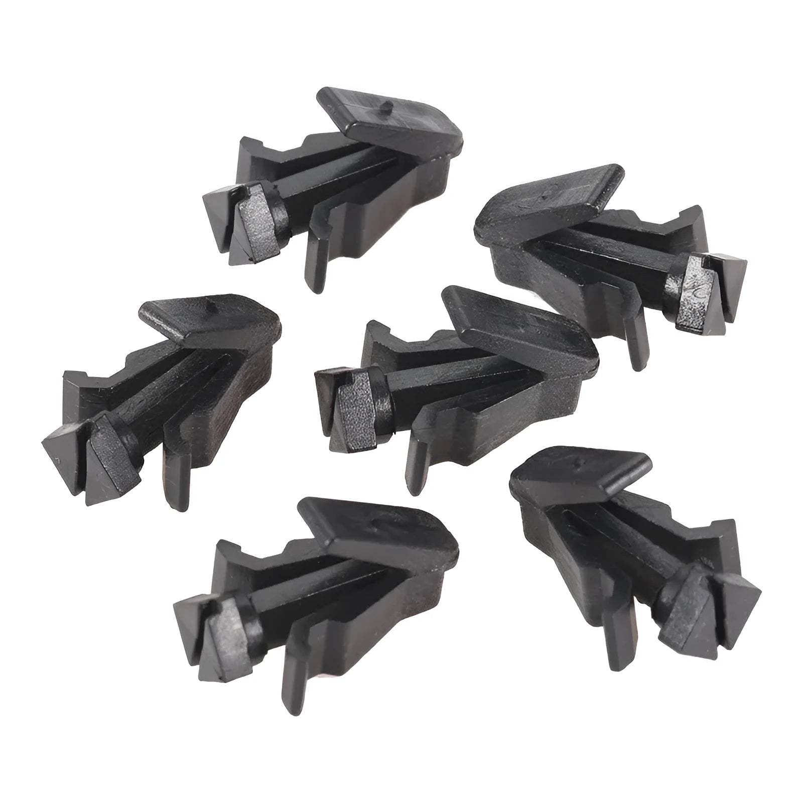 Black plastic automotive fastening clip for Nissan bumper or grille, part number 76882-0M060.
