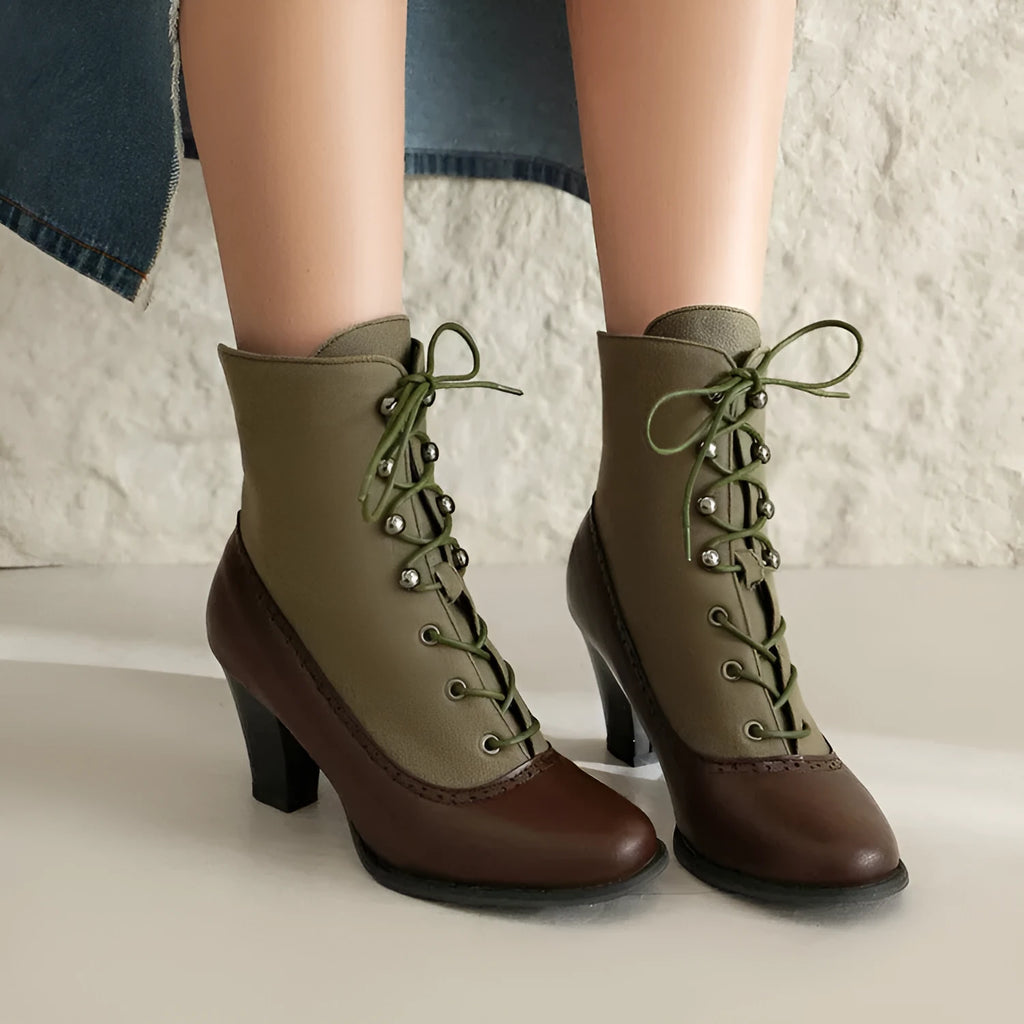 Retro British style cone heel Martin boots for women, artificial PU leather, front lace-up, available in brown