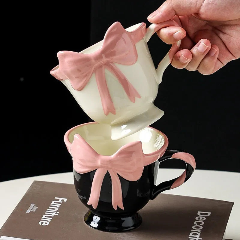 Ceramic mug with girl heart bow design in white or black pink colour, 301-400ml capacity