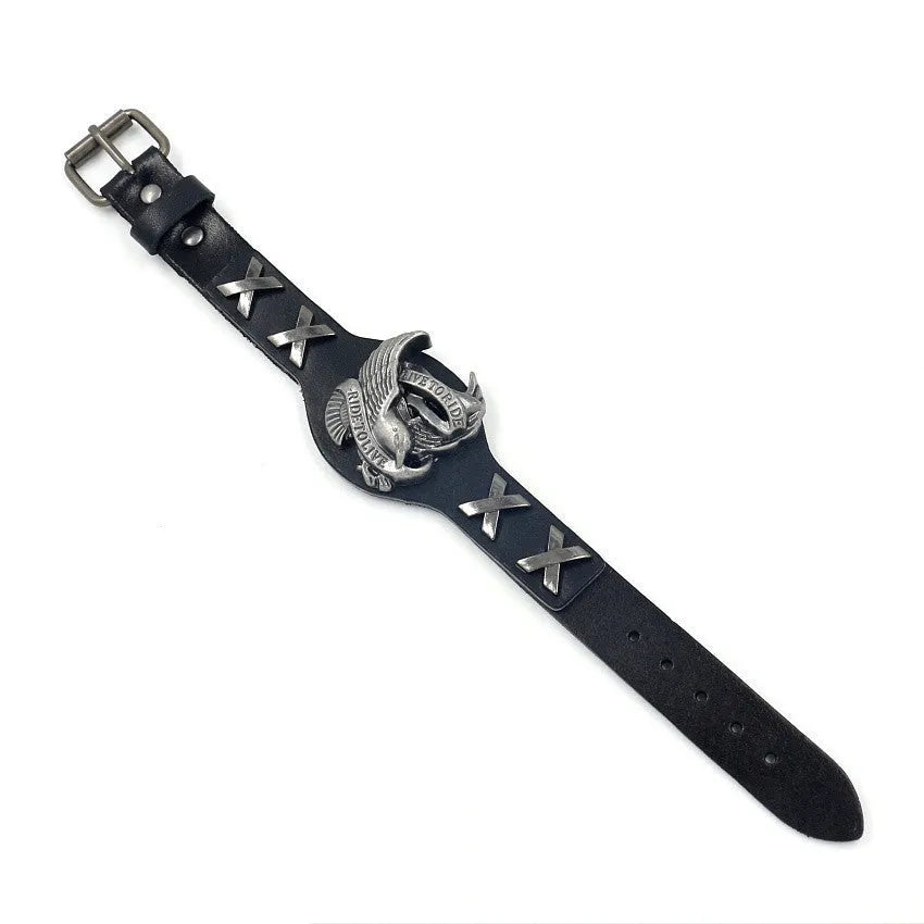 Black leather bracelet with a silver alloy eagle motif on a tapered band