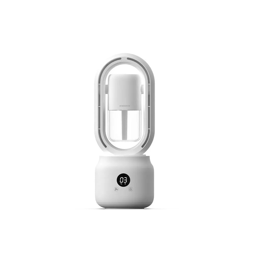 White bladeless table fan with humidifier tank on desk showing up-down oscillation