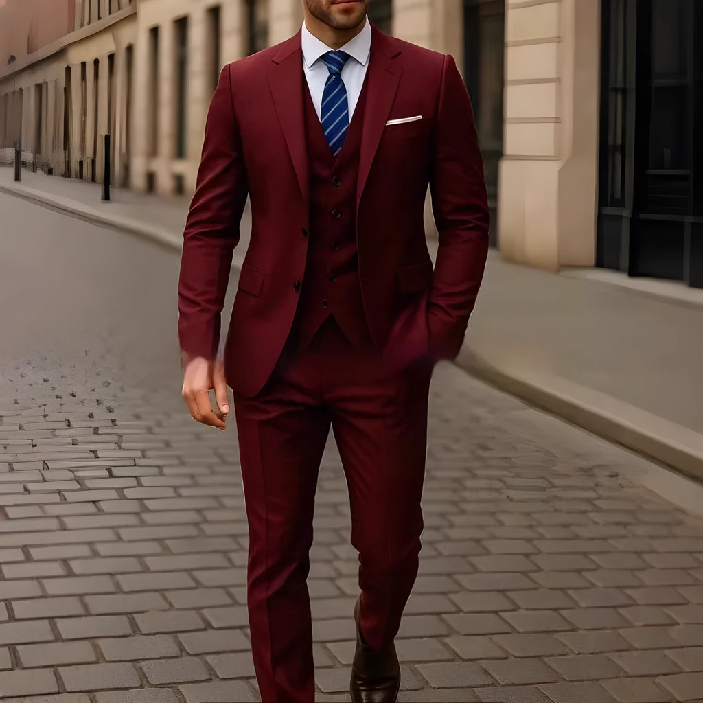Men's three-piece business suit set in dark gray, including jacket, vest, and trousers, polyester fabric, size M.