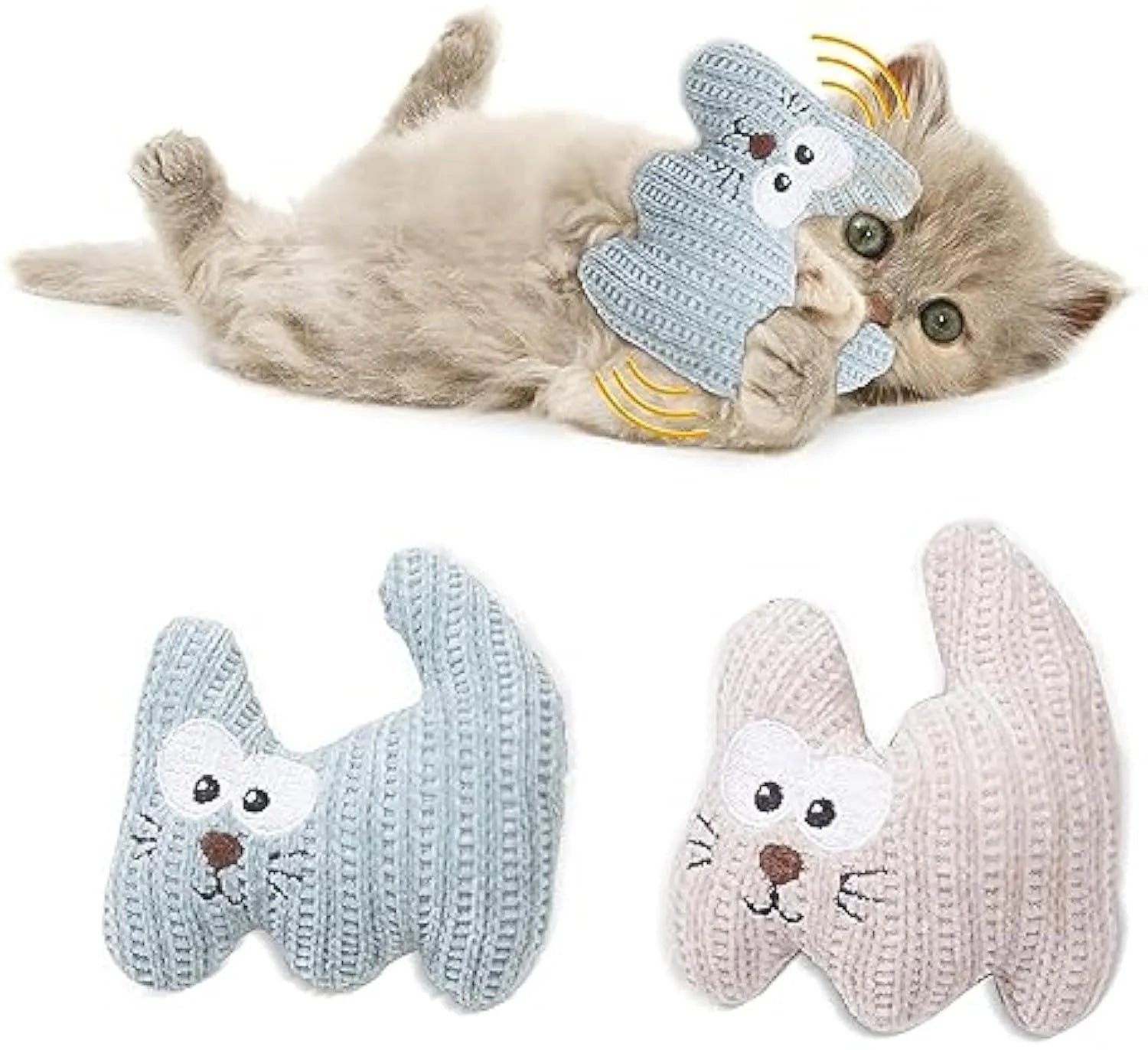 Cyan plush cat toy with bell and catnip, shown next to a light coffee coloured version.