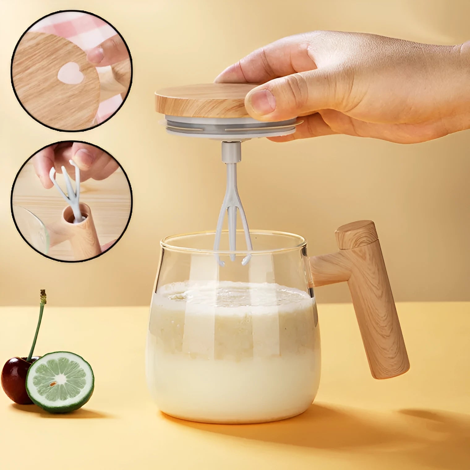 400ml borosilicate glass self-stirring coffee mug with electric mixing button in clear, champagne gold, and rainbow blue colours