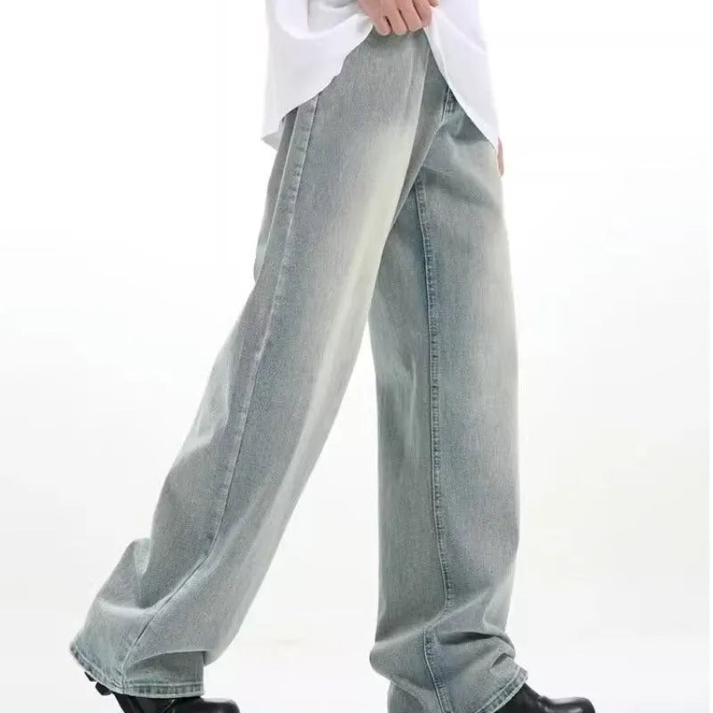 Blue retro loose-fit casual trousers made from rabbit fur fabric.