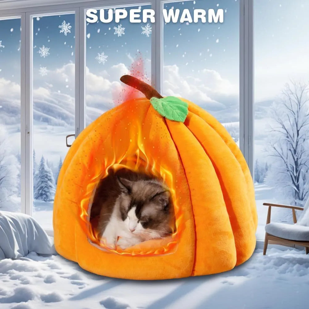 Pumpkin-shaped plush cat bed cave in blue, grey, or yellow with a removable interior mat.
