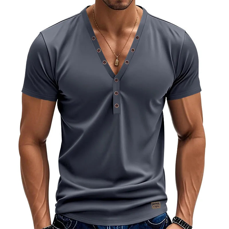 Men's loose fit V-neck pullover top with button detail in a light blue colour