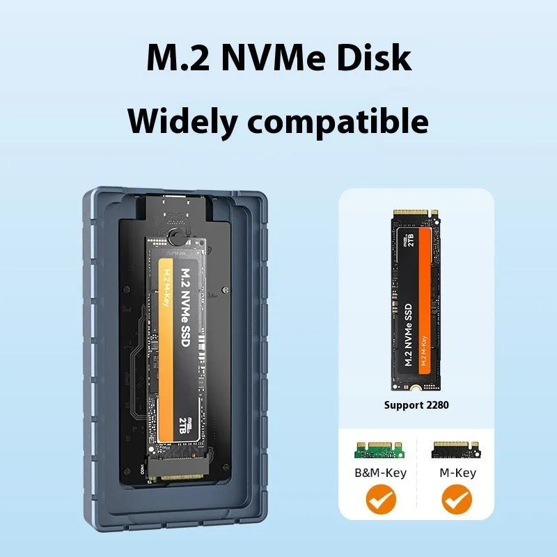 Silver aluminium USB4 hard disk enclosure for M.2 SSDs, measuring 118mm long, next to its packaging box.